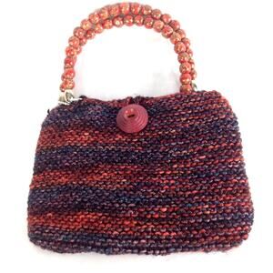 Vintage Beaded Woven Striped Paisley Handle Purse Hand Bag